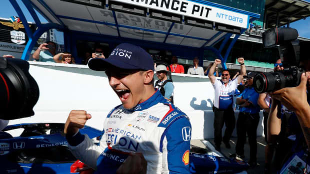 Alex Palou celebrates after winning the pole for next Sunday's 107th Running of the Indianapolis 500. Photo courtesy IndyCar.